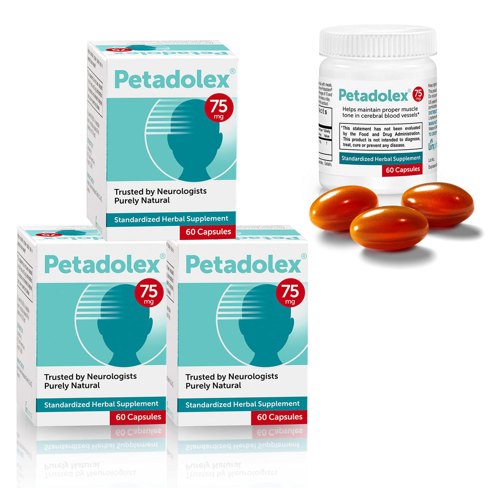 Petadolex Linpharma 75 mg butterbur bottle shows PA-free daily support.