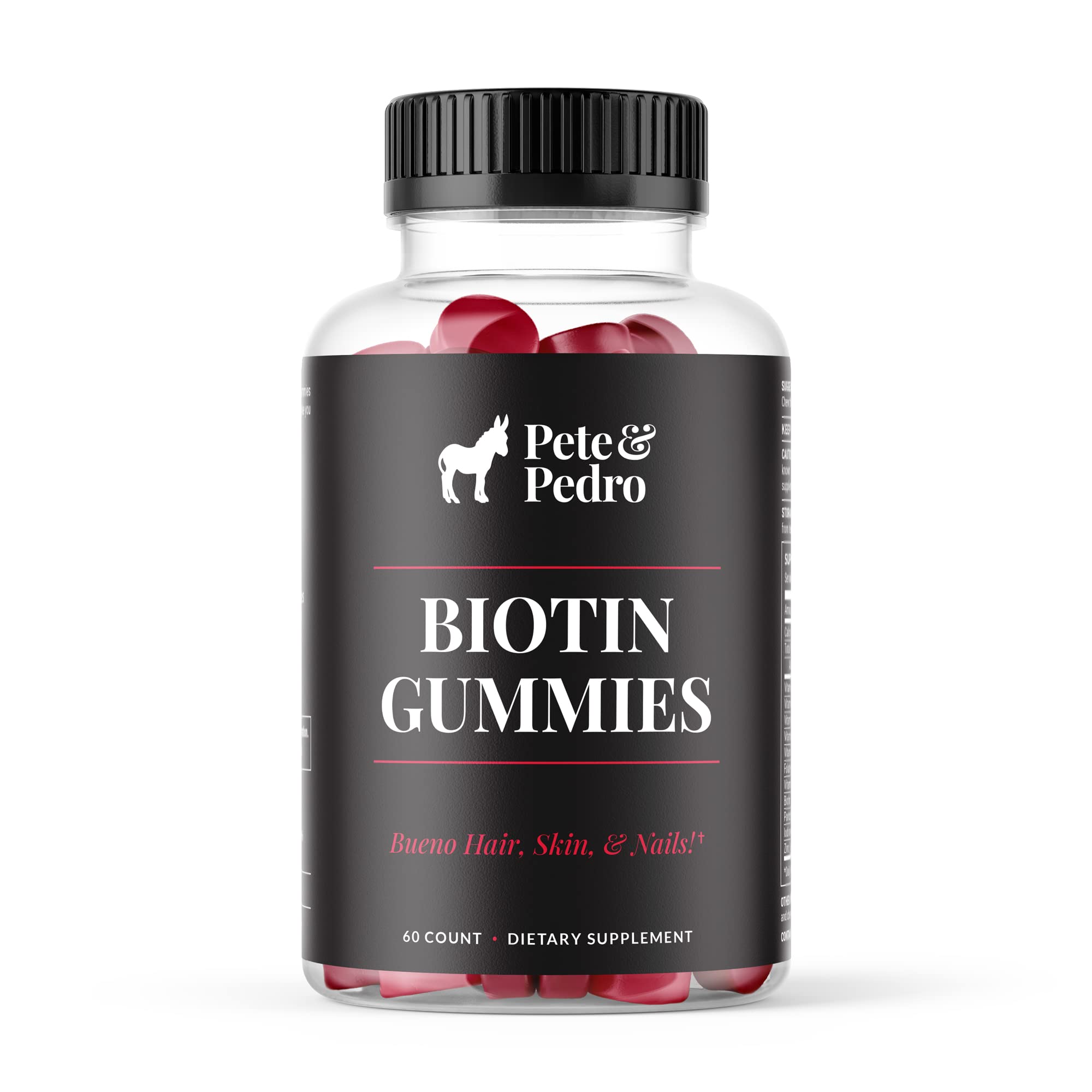 Pete and Pedro Biotin Gummies cherry flavor bottle for daily hair, skin, and nails support.