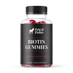 Pete and Pedro Biotin Gummies cherry flavor bottle for daily hair, skin, and nails support.