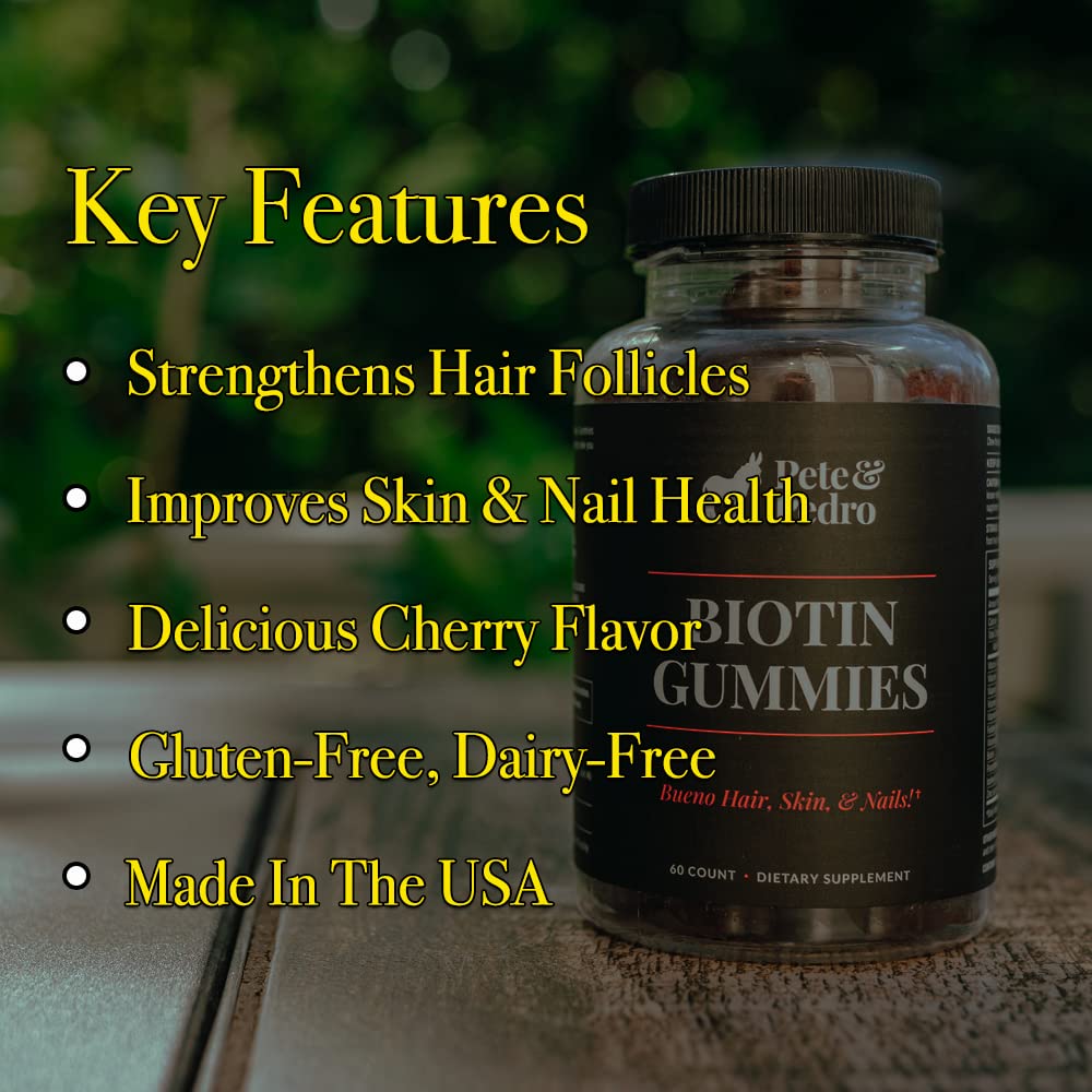 Pete and Pedro Biotin Gummies cherry flavor chew promotes hair growth and shine.