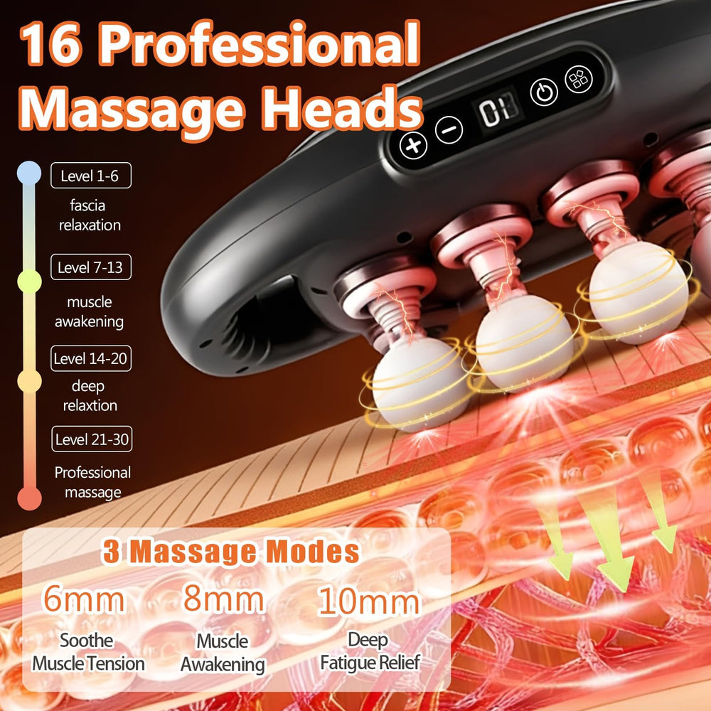 PFUM 16-Head Massage Gun side view shows ergonomic grip for easy handling