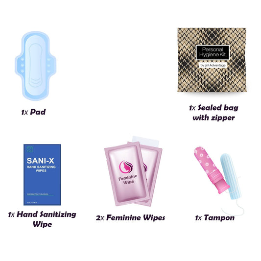 pH Advantage Light Leather period kit contents include tampons, pads, wipes for quick access.