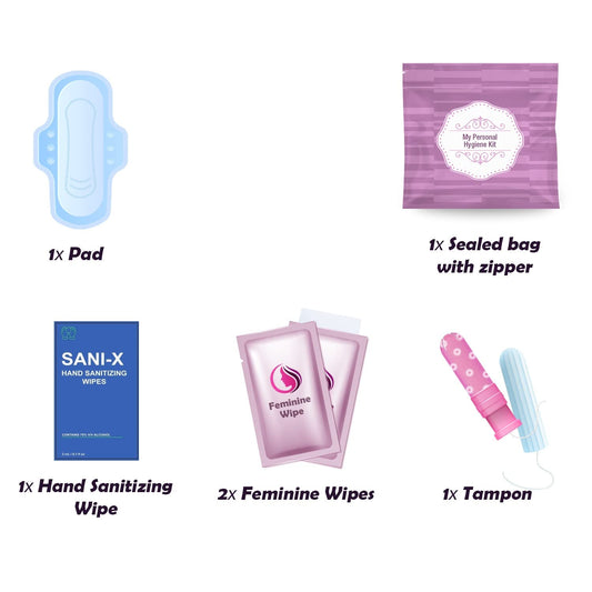 Ph Advantage period kit contents include tampon, pad, wipes for discreet emergencies