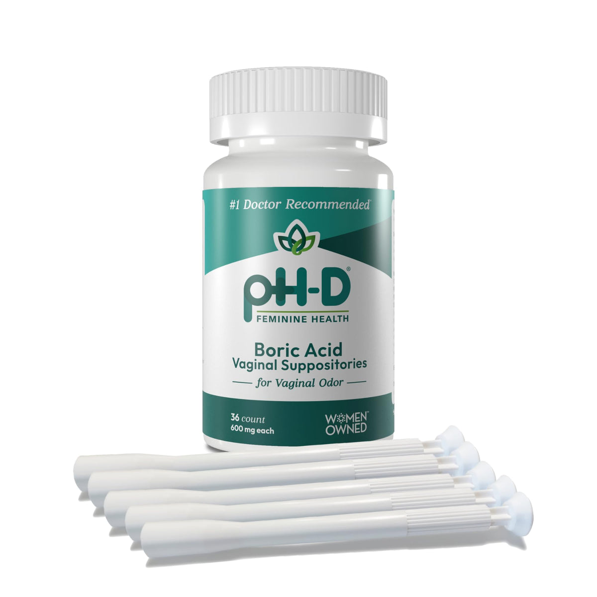 pH-D boric acid suppositories 36-count displayed on table for daily use.