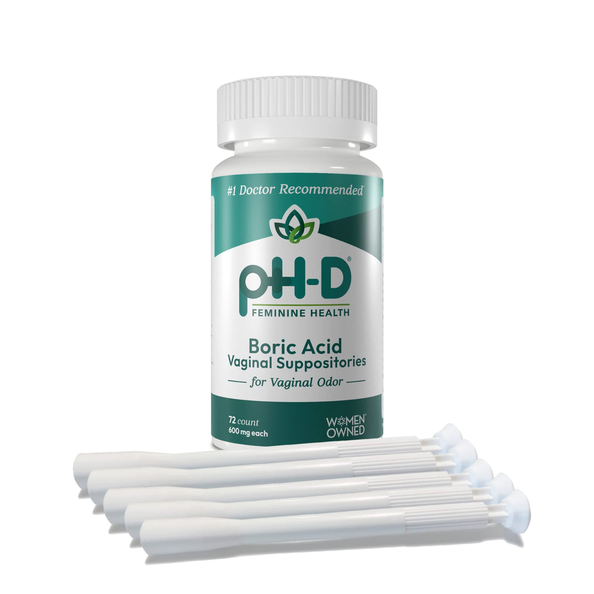 pH-D Boric Acid suppositories bottle, 72-count packaging for vaginal balance