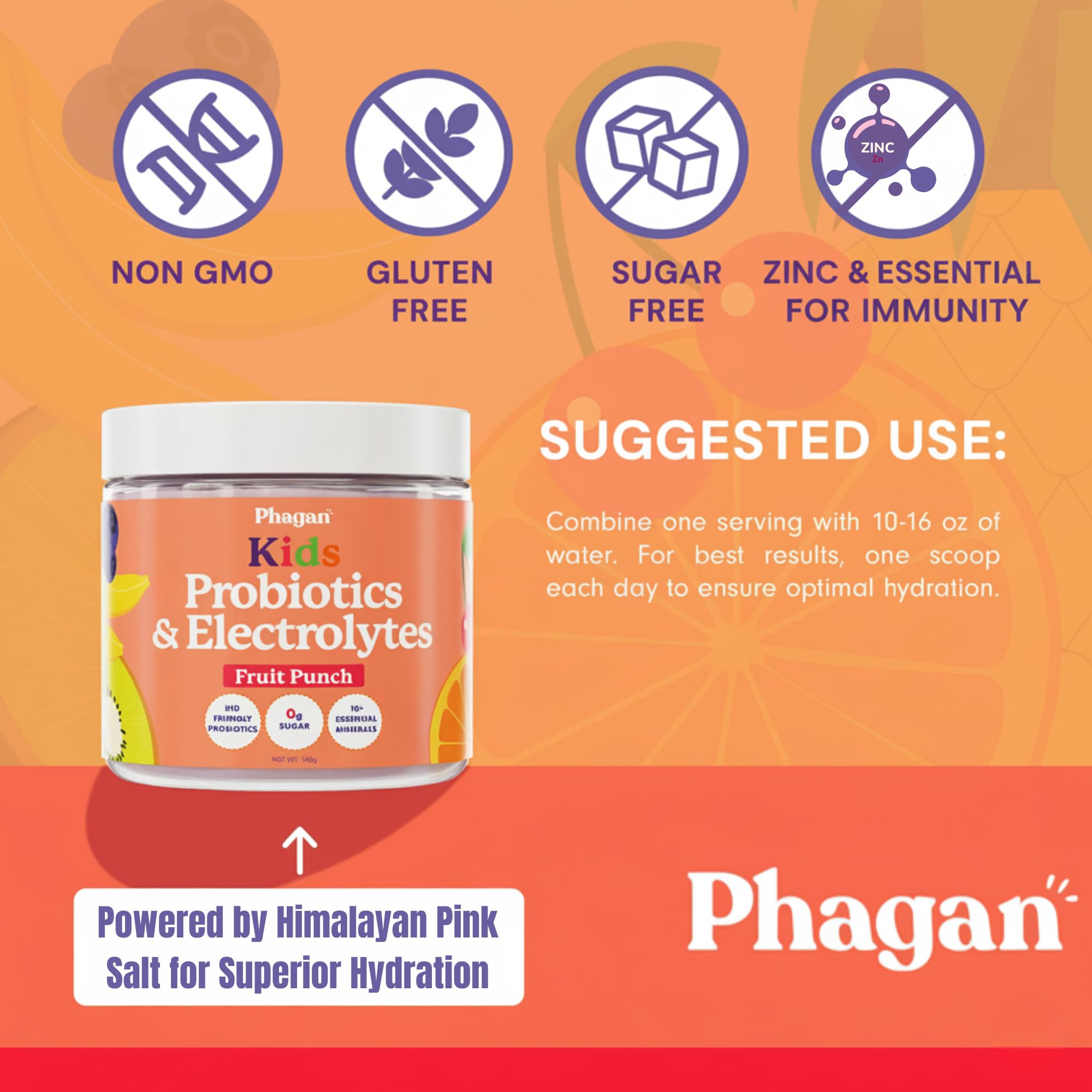 Phagan Kids powder dissolving in a glass to show fast hydration.