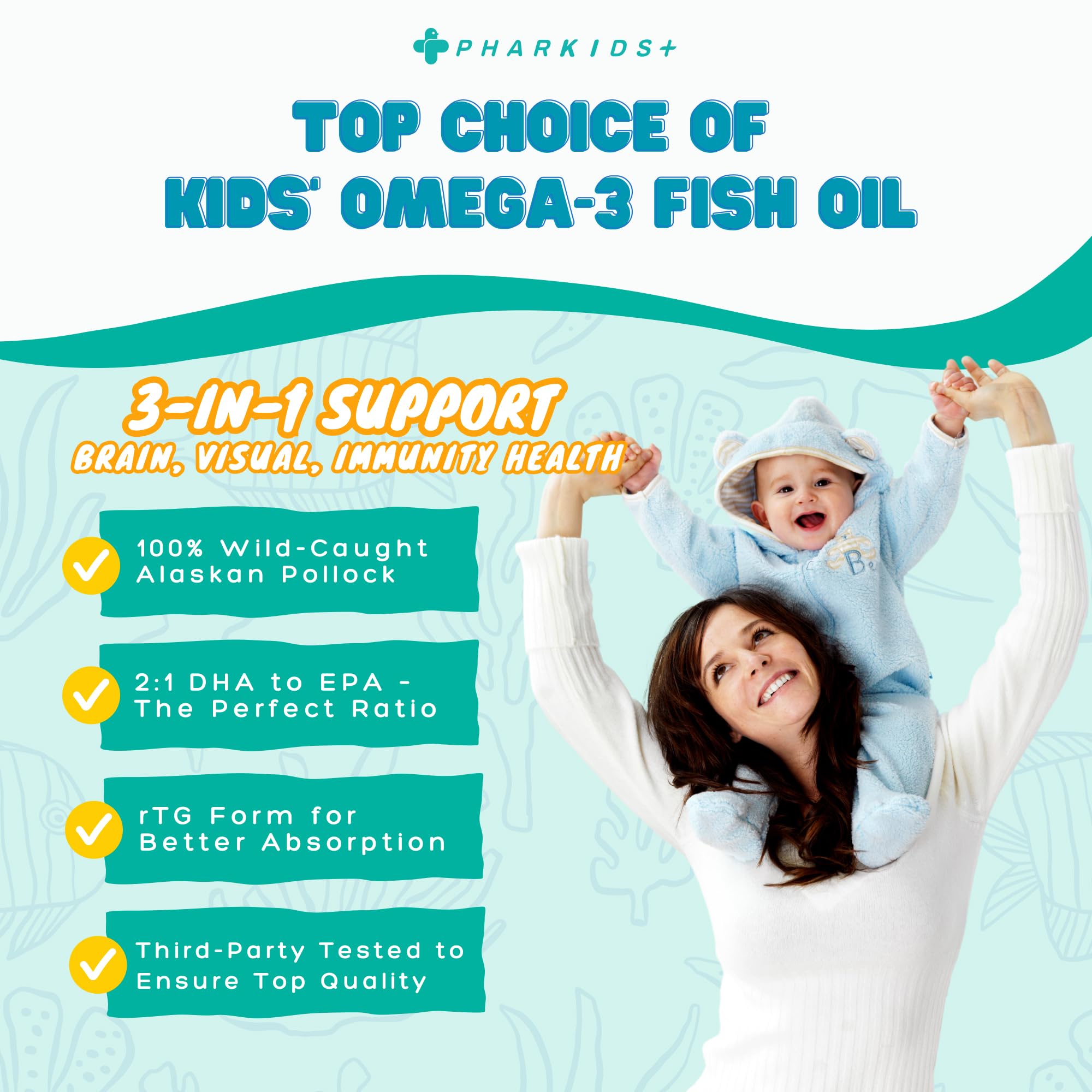 PHARGOODS+ Kids Fish Oil orange softgels shown for easy daily use