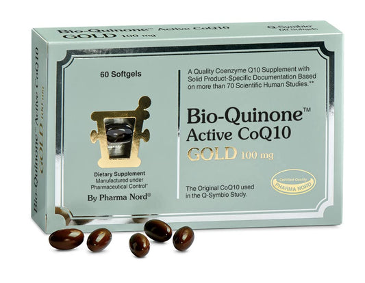 Pharma Nord Bio-Quinone Gold bottle with 60 softgels for daily energy support.
