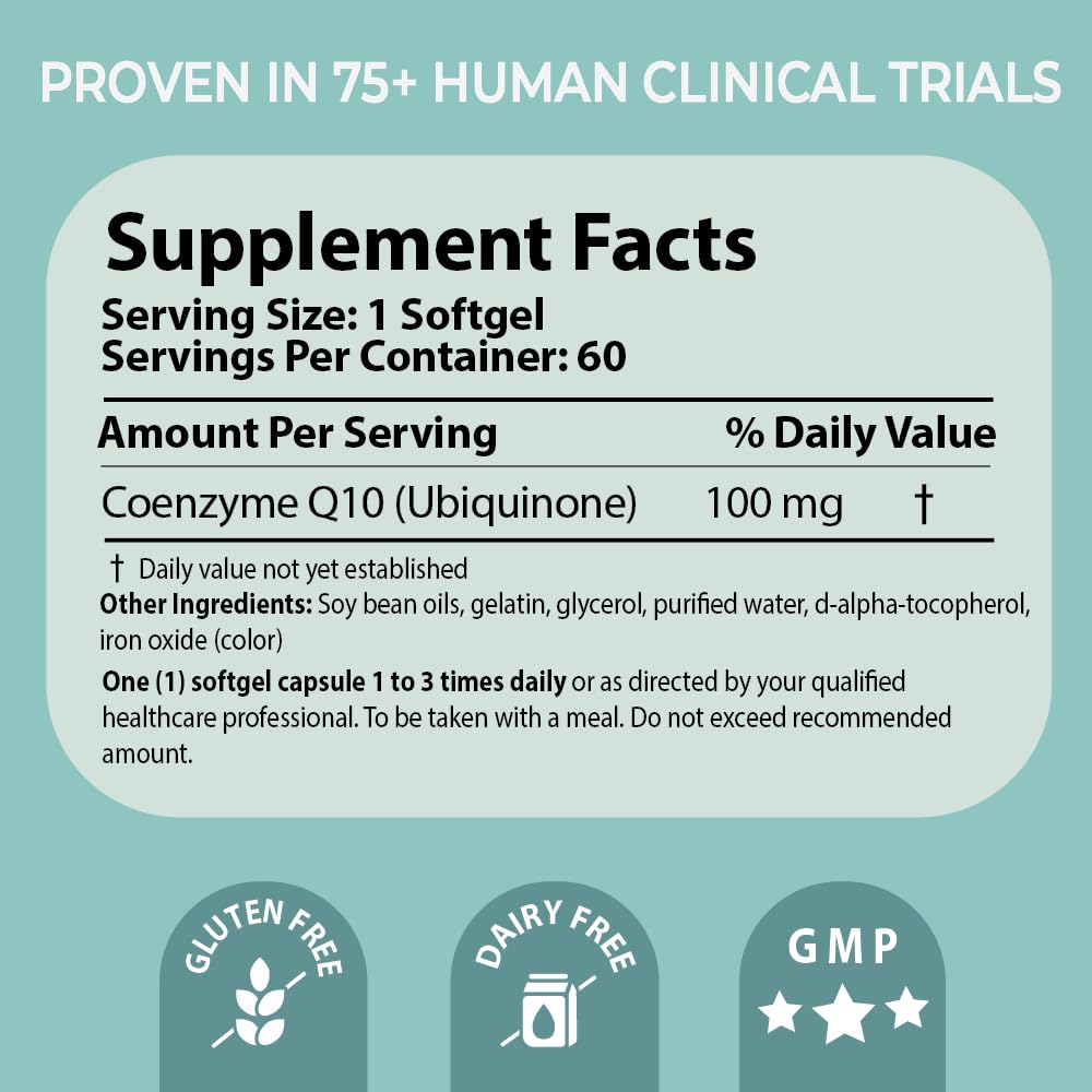 Ingredients section featuring non-GMO CoQ10 and essential components.