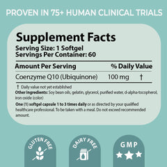 Ingredients section featuring non-GMO CoQ10 and essential components.