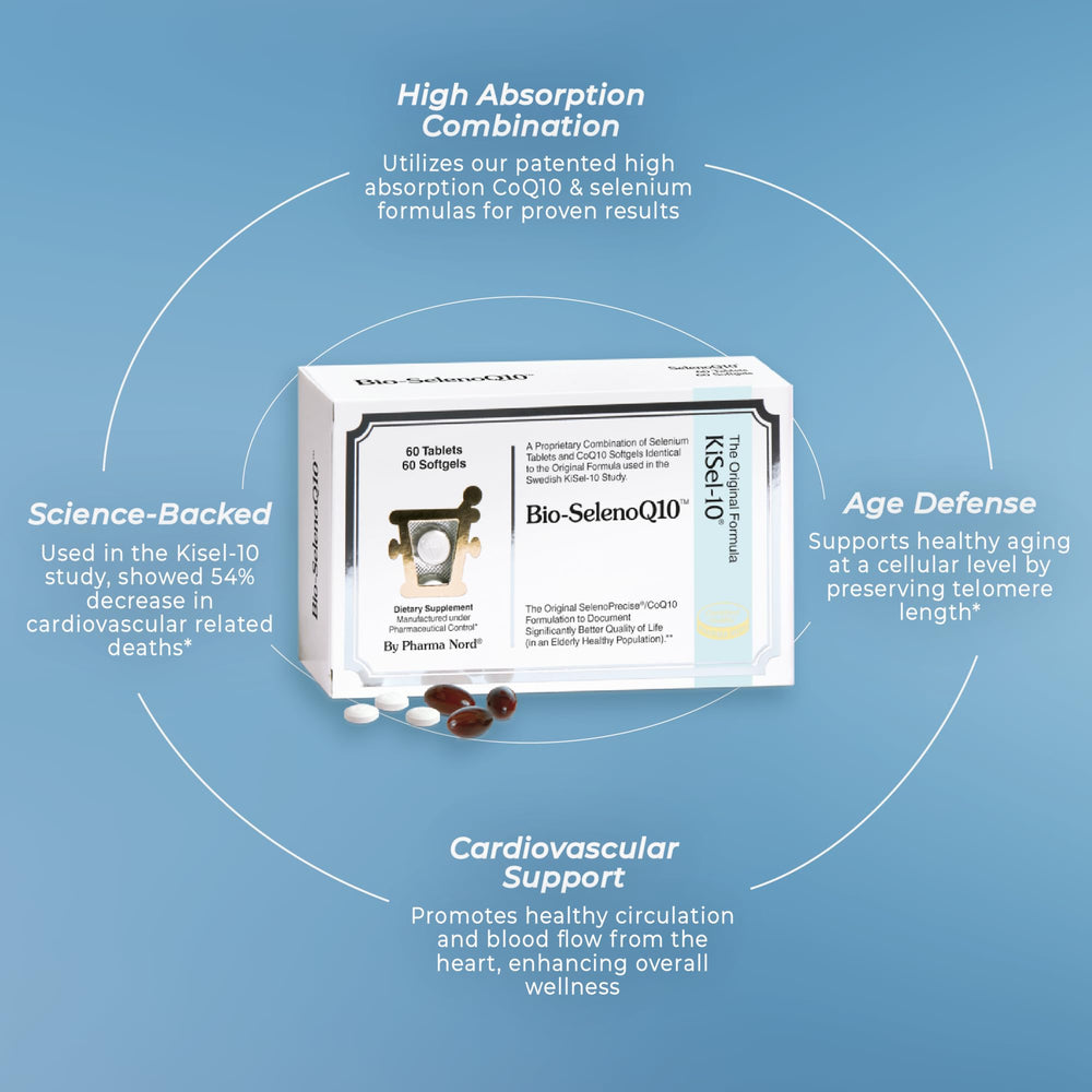 Pharma Nord Bio-SelenoQ10 product on a clean kitchen counter during daily routine