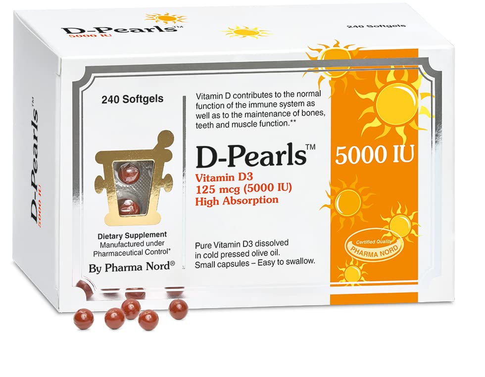 Pharma Nord D-Pearls bottle shown with capsules for daily immune support.