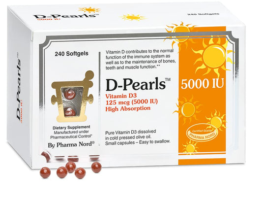 Pharma Nord D-Pearls bottle shown with capsules for daily immune support.