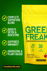 Pharmafreak Greens Freak spirulina chlorella blend close-up highlighting nutrient-dense greens.