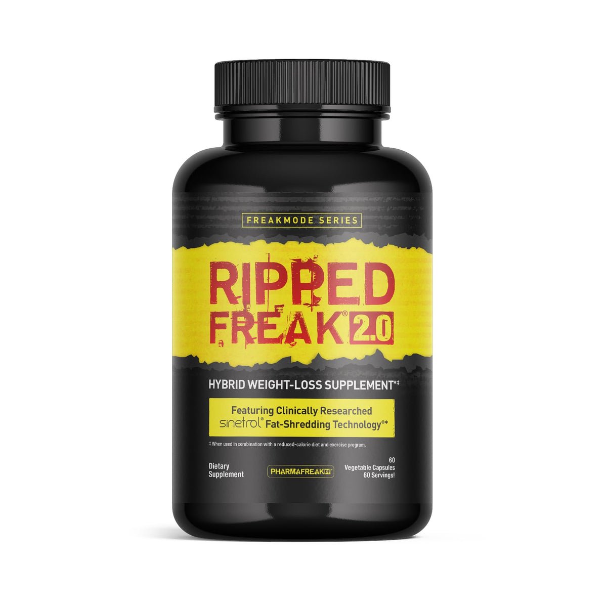 Pharmafreak Ripped Freak 2.0 bottle label highlights SINETROL for metabolism support.