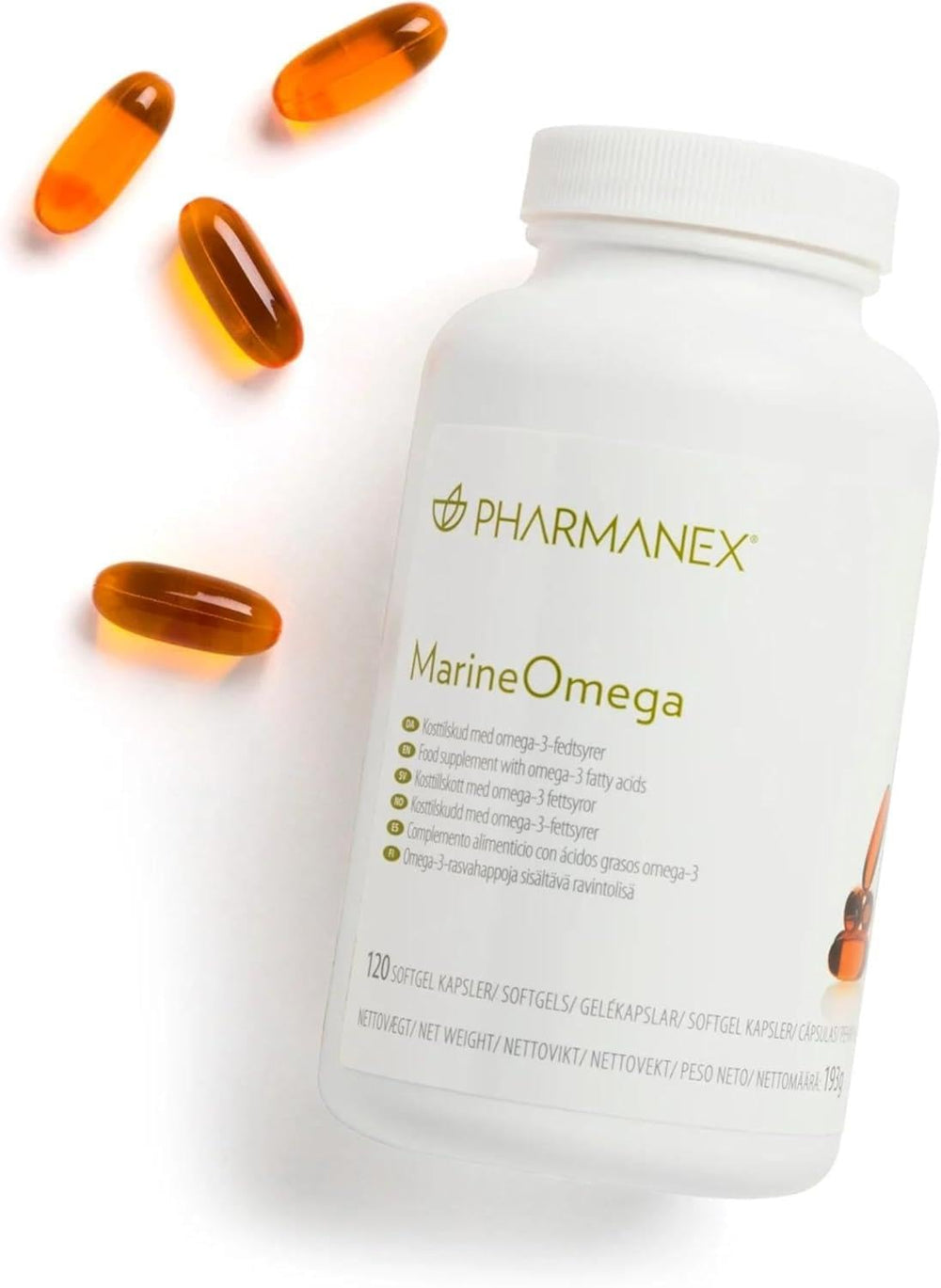 Pharmanex Marine Omega bottle label close-up highlights purity and freshness