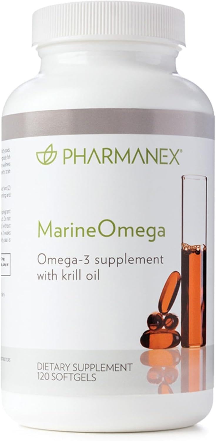 Pharmanex Marine Omega softgels in bottle for daily heart and brain support