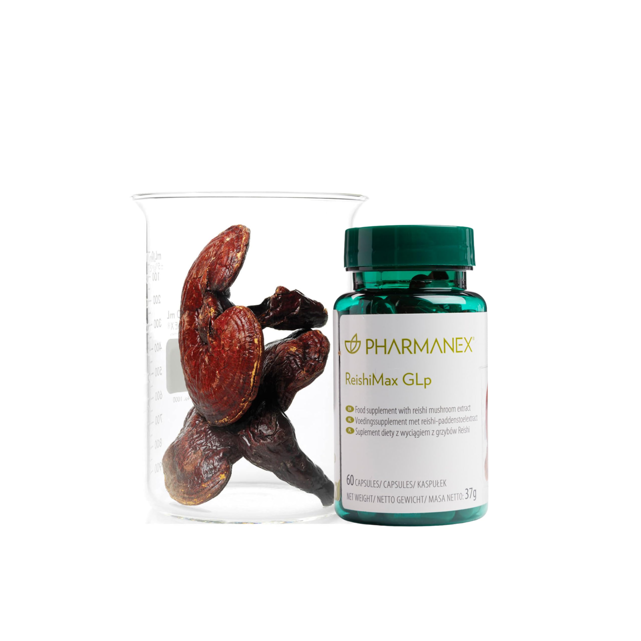 Pharmanex ReishiMax GLp daily-dose capsule arrangement with drink.