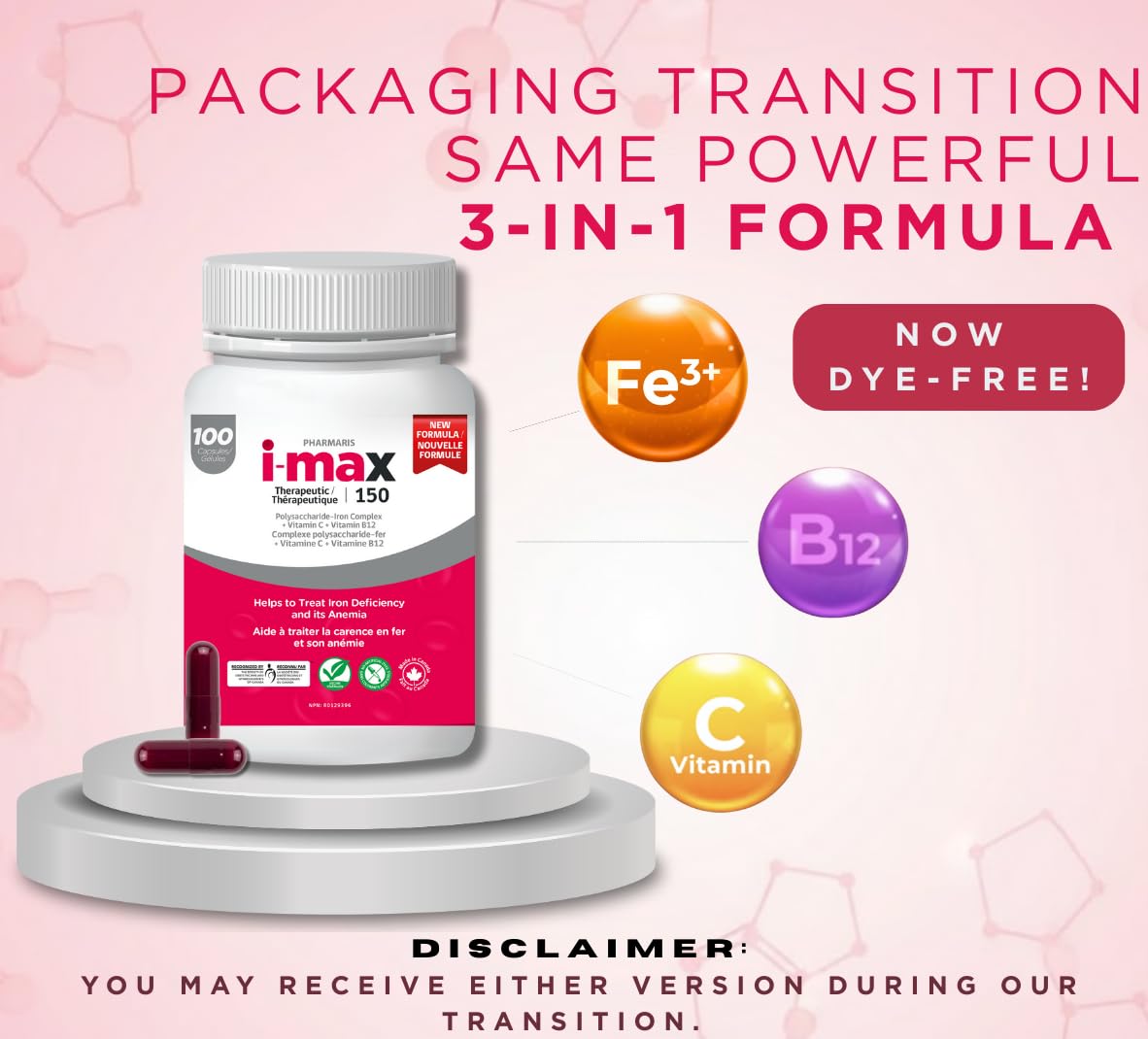Pharmaris i-Max bottle close-up shows 150 mg iron label