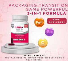 Pharmaris i-Max bottle close-up shows 150 mg iron label