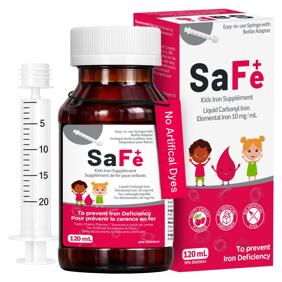 Pharmaris SaFe+ bottle with gentle carbonyl iron for kids and infants, smooth dosing.