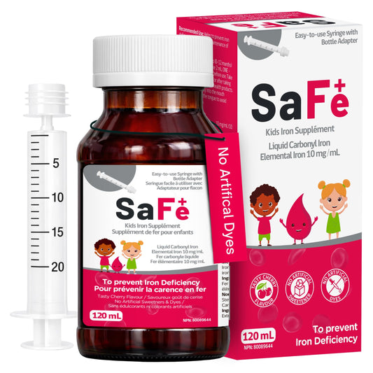 Pharmaris SaFe+ bottle with gentle carbonyl iron for kids and infants, smooth dosing.