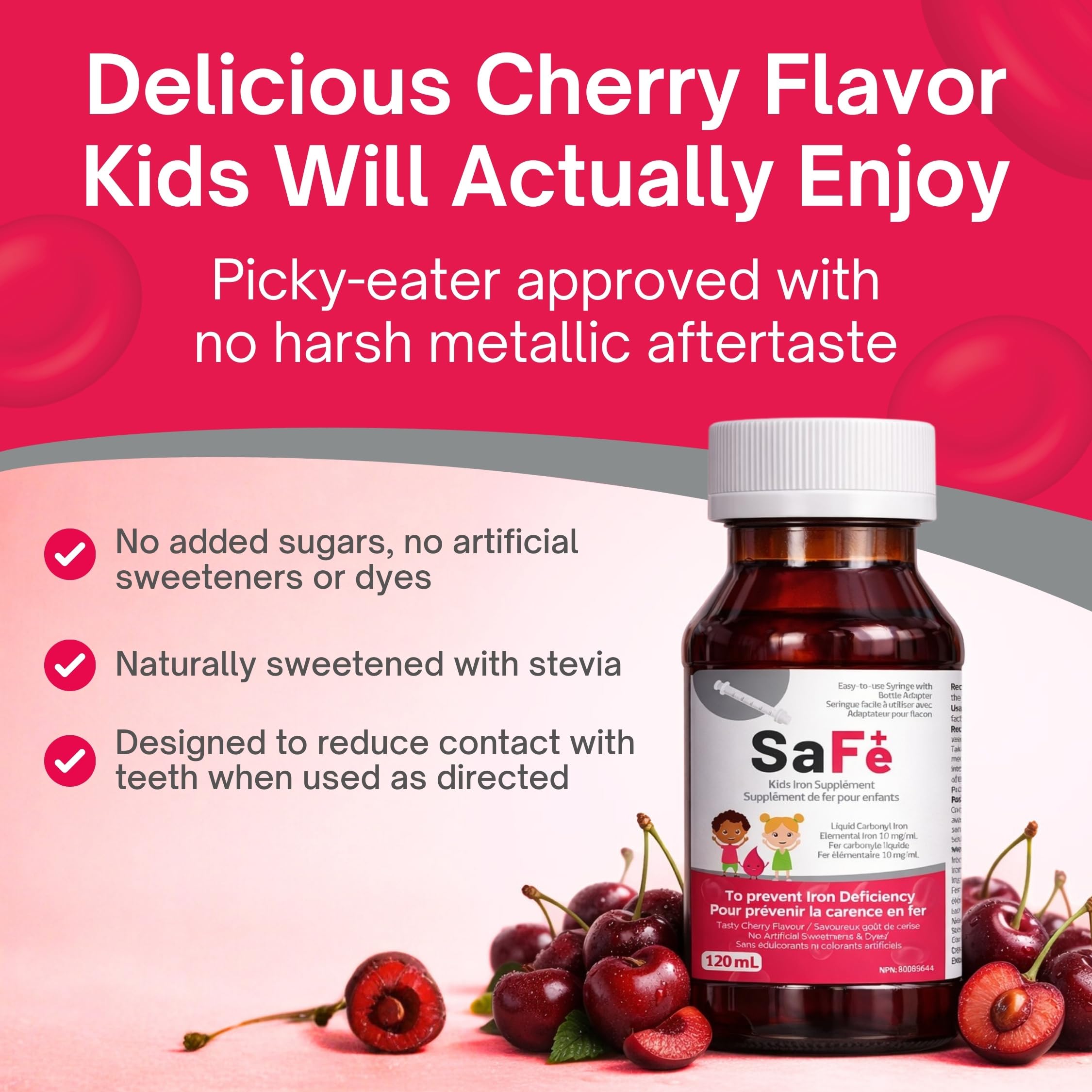 Pharmaris SaFe+ cherry flavor bottle with kid-friendly taste.