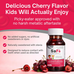 Pharmaris SaFe+ cherry flavor bottle with kid-friendly taste.