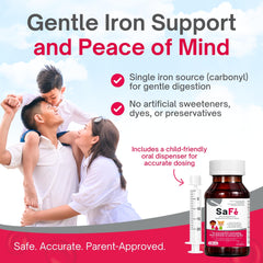 Pharmaris SaFe+ syringe for precise, easy dosing of iron supplement.