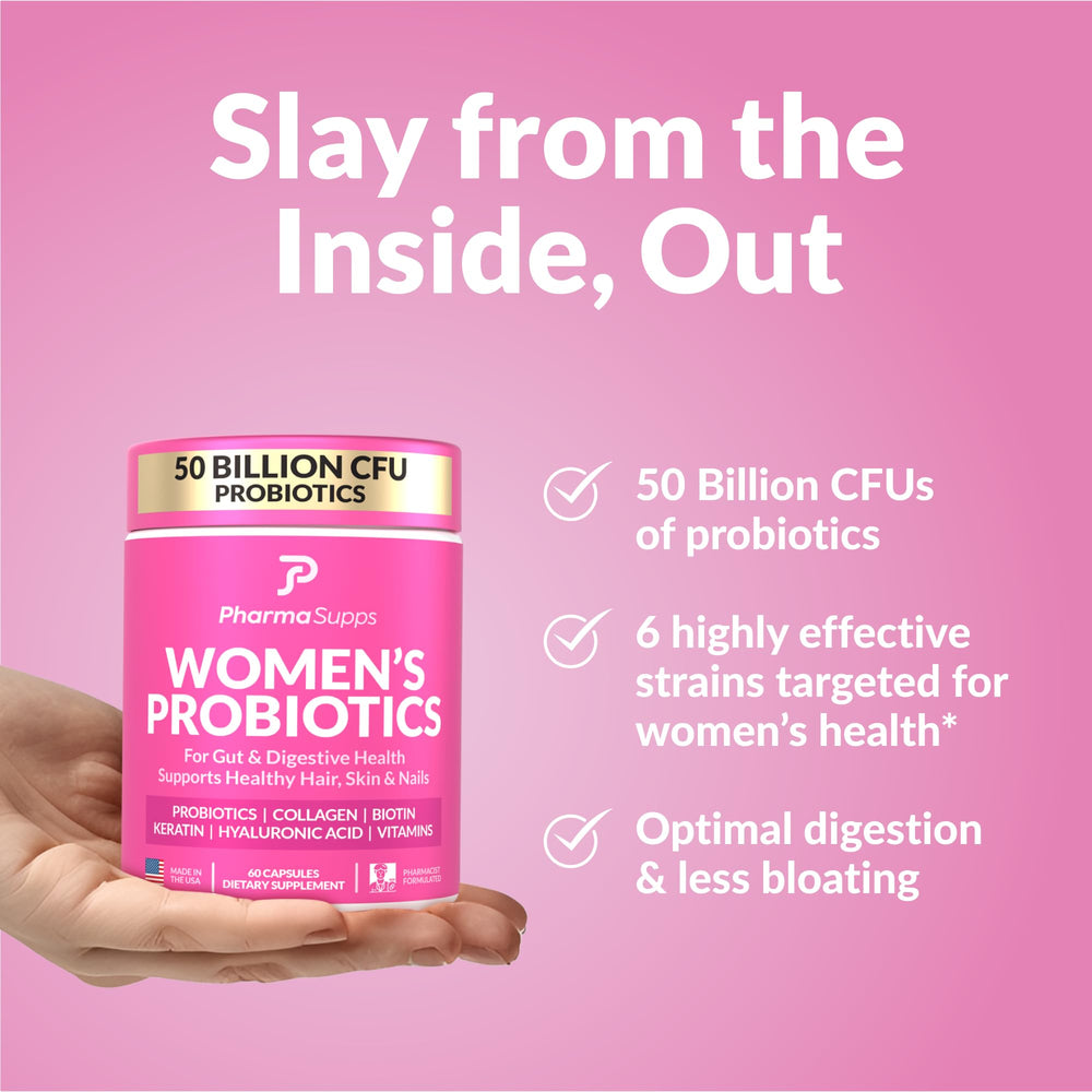 PharmaSupps Advanced Women's Probiotics capsules support gut balance and daily wellness.