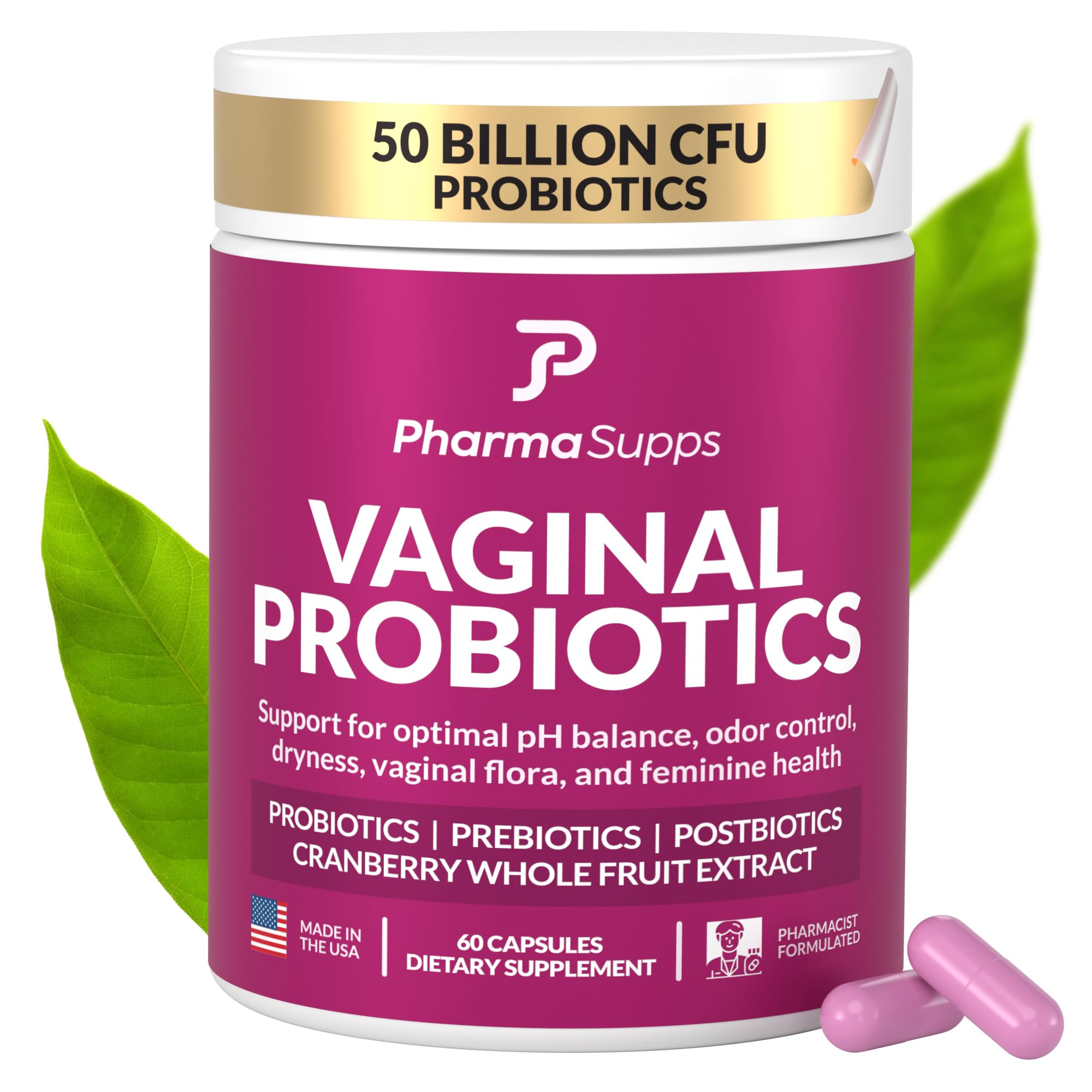 PharmaSupps Women's Probiotic bottle showing 50 billion CFU for daily feminine wellness