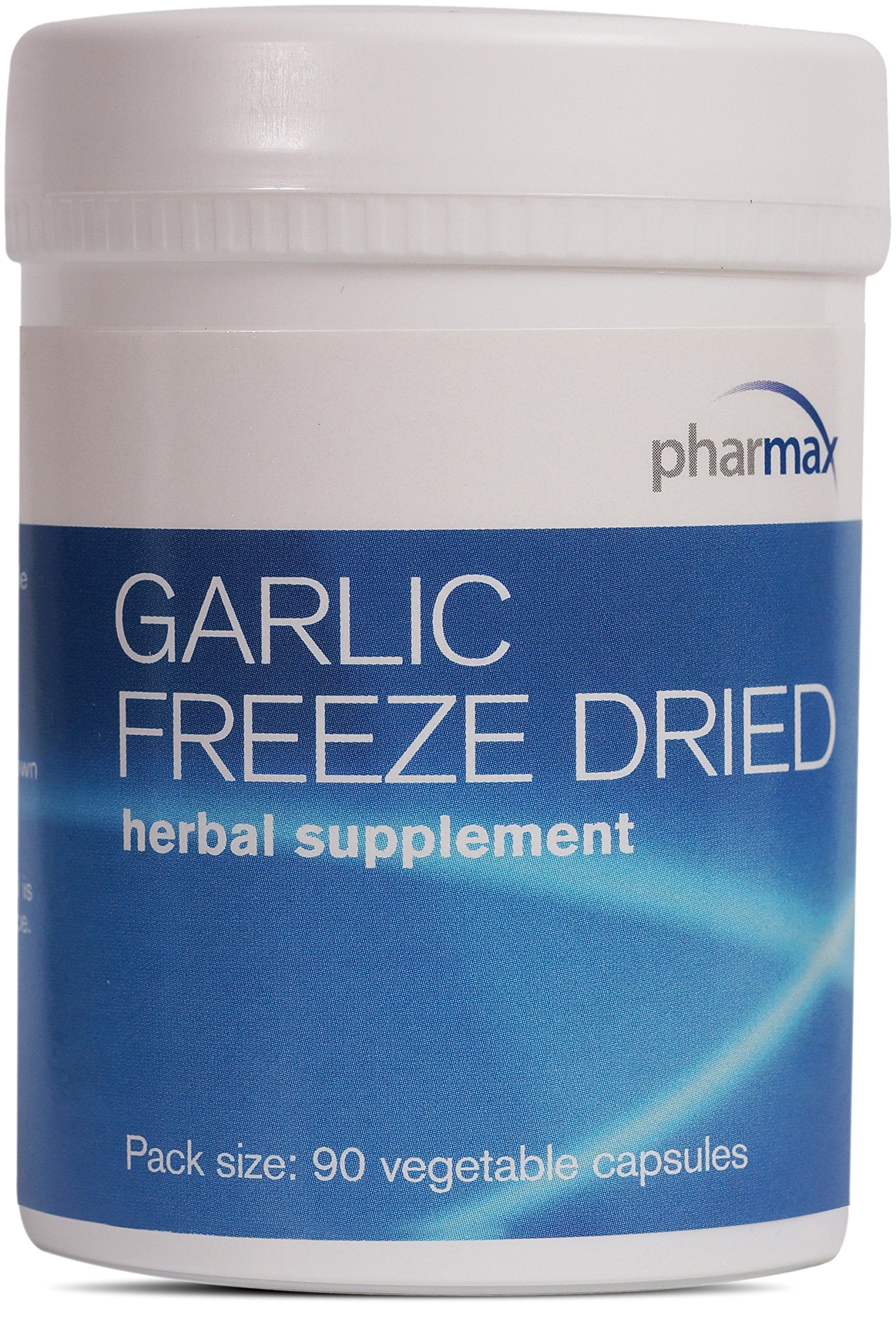 Pharmax Garlic Freeze Dried bottle label close-up for daily respiratory support