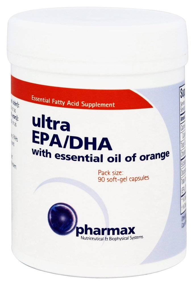 Pharmax Ultra EPA/DHA bottle with softgels supporting heart and brain health.