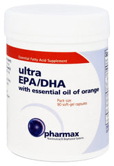 Pharmax Ultra EPA/DHA bottle with softgels supporting heart and brain health.