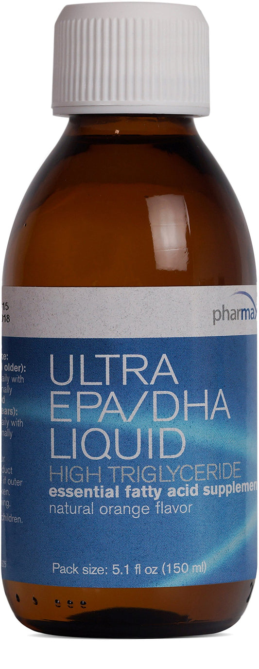 Pharmax Ultra EPA/DHA Liquid bottle showing natural orange flavor and easy daily use.