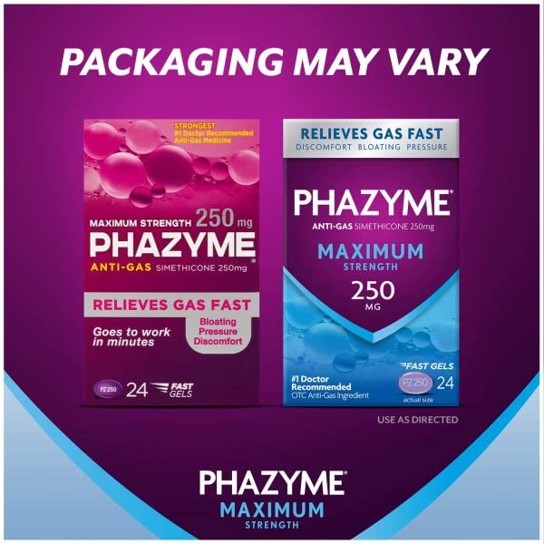 Phazyme Maximum Strength bottle closeup with dosage label visible.