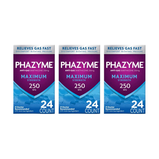 Phazyme Maximum Strength bottle front view for fast gas relief.