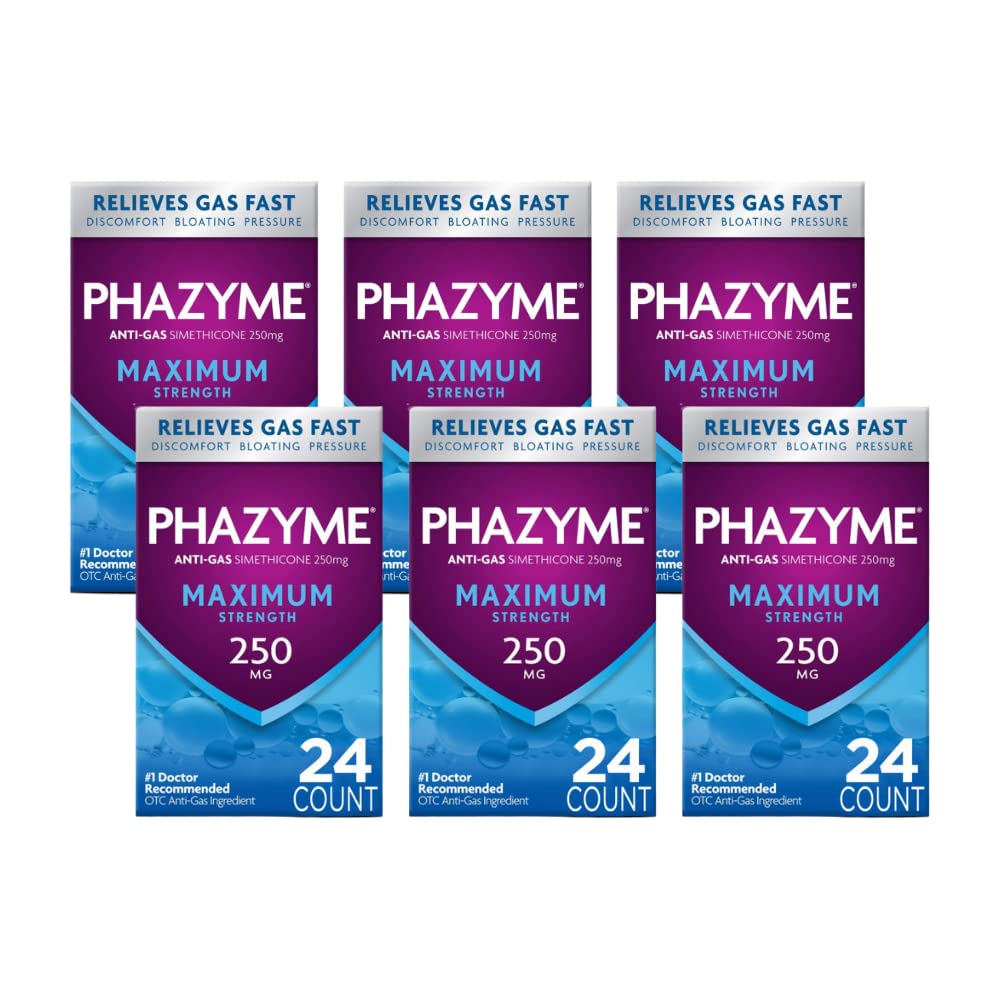 Phazyme maximum-strength gas-relief bottle shows quick relief after meals.