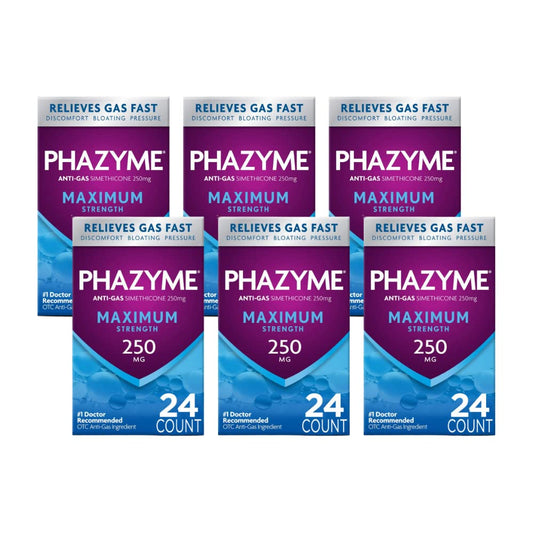 Phazyme maximum-strength gas-relief bottle shows quick relief after meals.