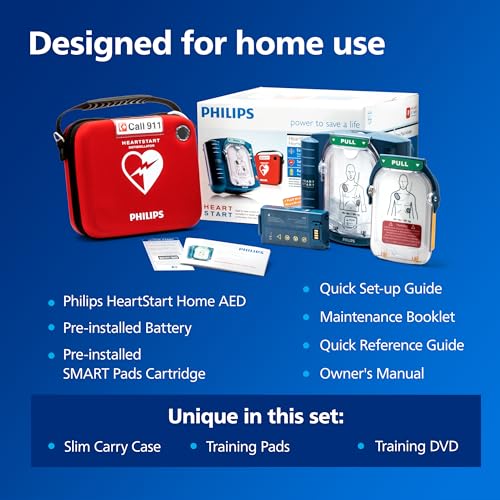 HeartStart home AED with slim carry case for easy storage.
