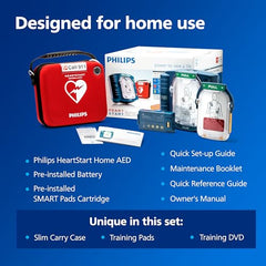 HeartStart home AED with slim carry case for easy storage.