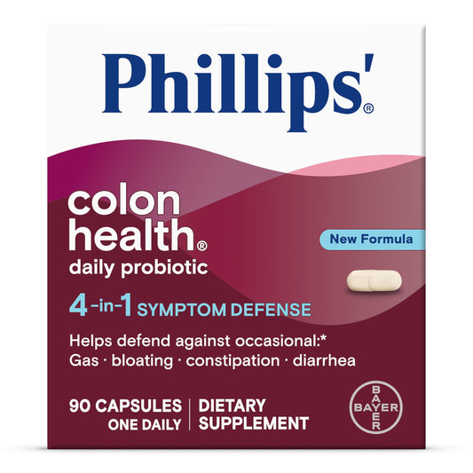 Phillips' Colon Health bottle front view showing daily probiotic packaging for gut support