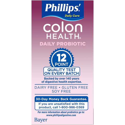 Phillips' Colon Health probiotic packaging shows six-bottle set for daily use.