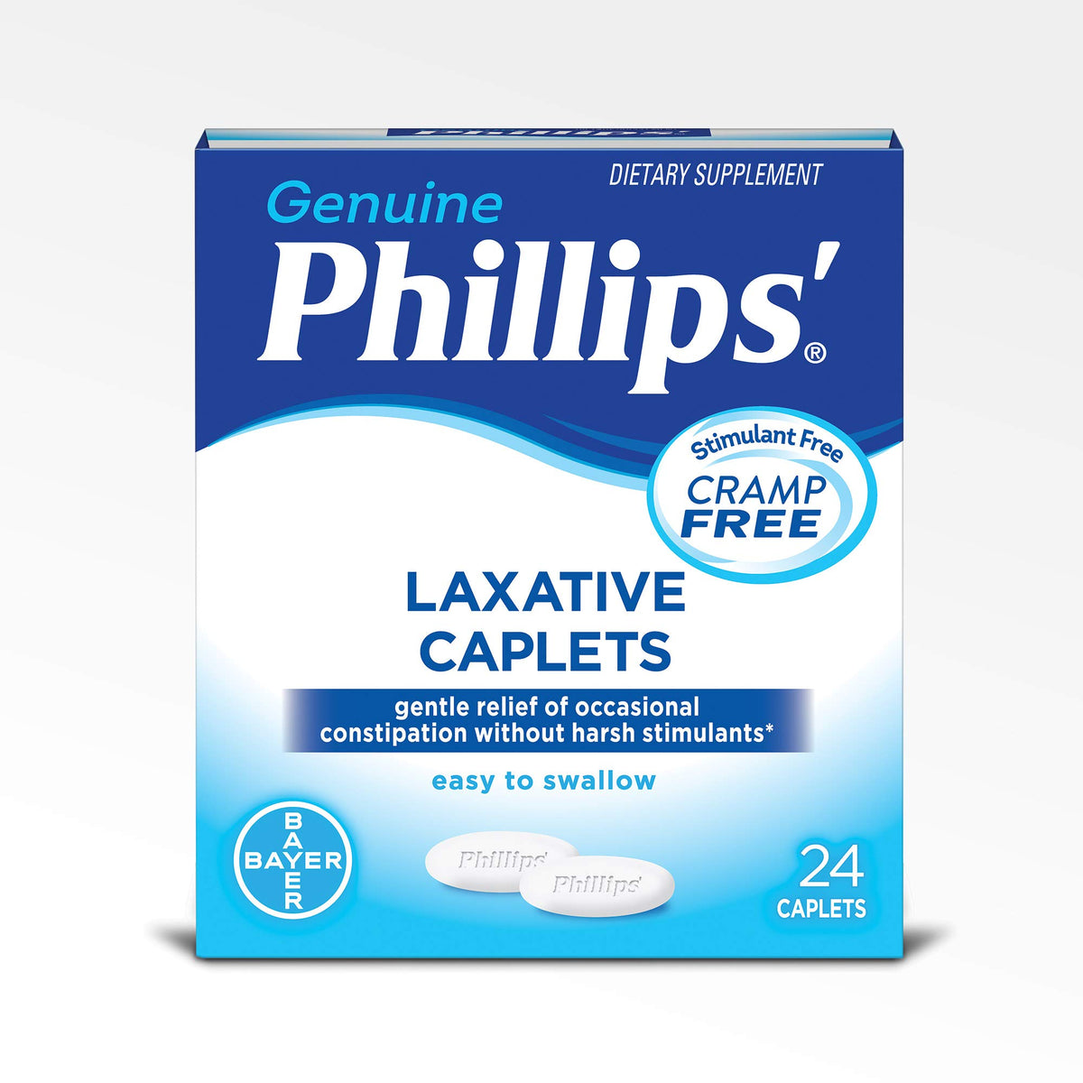 Phillips' Laxative Caplets bottle front with 24 easy-to-swallow caplets for convenient use.