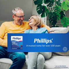 Phillips Stool Softener Liquid Gels with bottle and cup conveys daily ease.