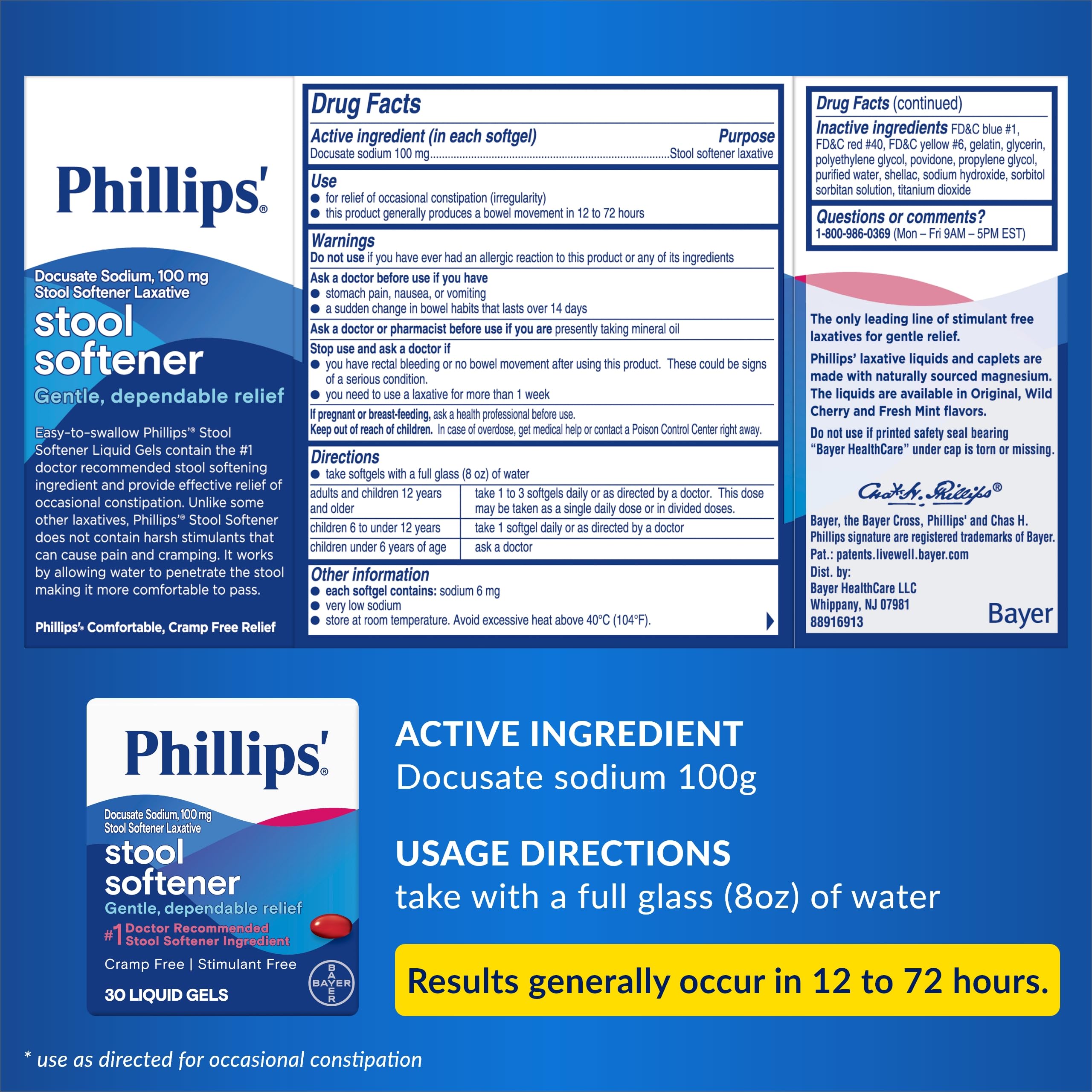 Phillips Stool Softener Liquid Gels bottle with label shows trusted, gentle relief options.