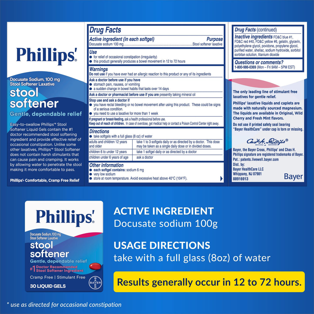 Phillips Stool Softener Liquid Gels bottle with label shows trusted, gentle relief options.