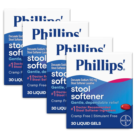 Phillips' Stool Softener Liquid Gels bottle shows gentle, non-stimulant support for comfortable routines.