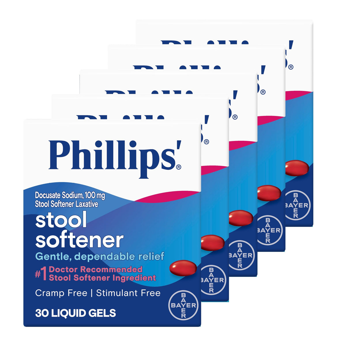 Phillips Stool Softener Liquid Gels pack on display for easy digestive relief.