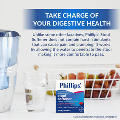 Phillips Stool Softener Liquid Gels on bathroom counter suggests convenient, non stimulant relief.